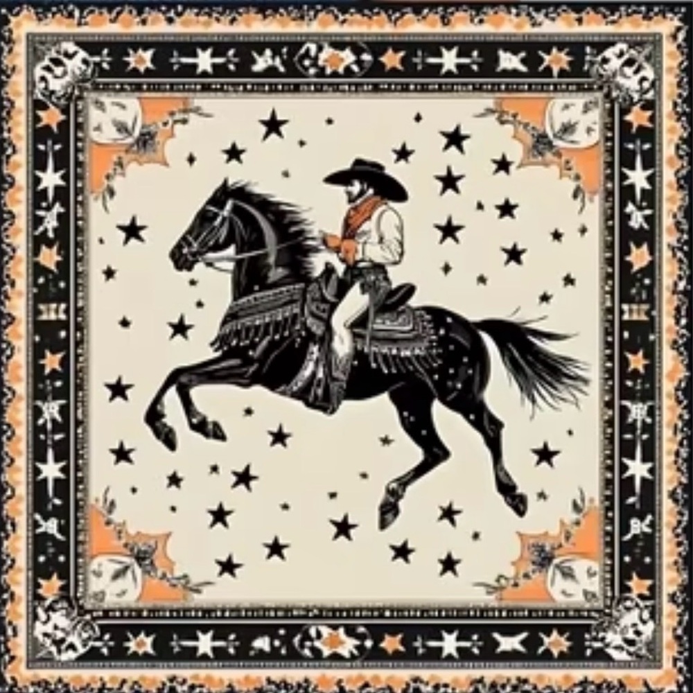Western Cowboy Horse Bandana Scarf 27.5” Square | Star Border | Rodeo Style